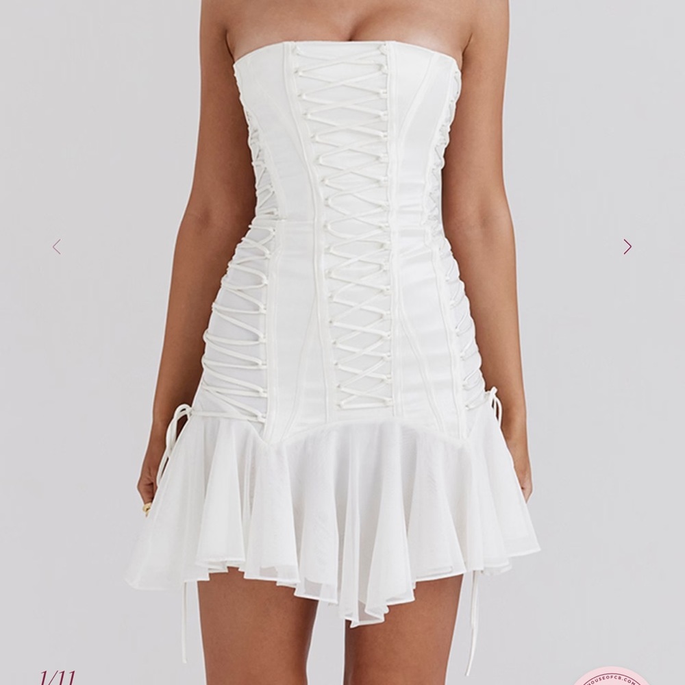 House of CB White Strapless Ruched Sheath Dress